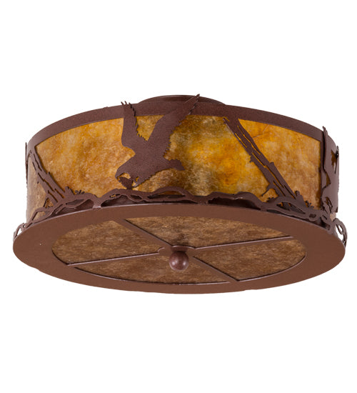 Meyda Lighting Strike of the Eagle 16" 3-Light Red Rust Flush Mount Light With Amber Mica Shade Glass
