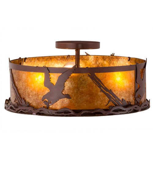 Meyda Lighting Strike of the Eagle 16" 3-Light Red Rust Flush Mount Light With Amber Mica Shade Glass
