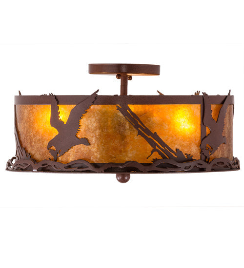 Meyda Lighting Strike of the Eagle 16" 3-Light Red Rust Flush Mount Light With Amber Mica Shade Glass