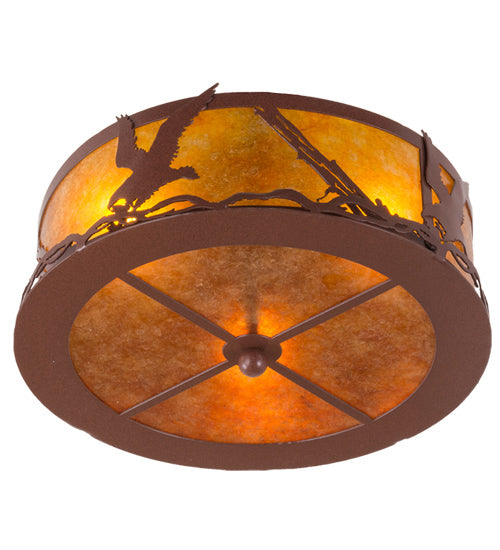 Meyda Lighting Strike of the Eagle 16" 3-Light Red Rust Flush Mount Light With Amber Mica Shade Glass