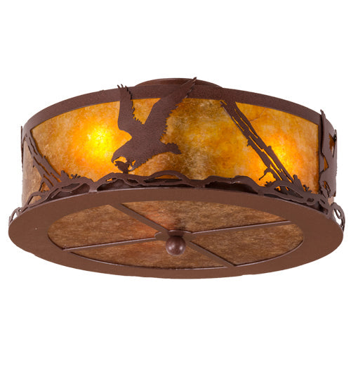 Meyda Lighting Strike of the Eagle 16" 3-Light Red Rust Flush Mount Light With Amber Mica Shade Glass