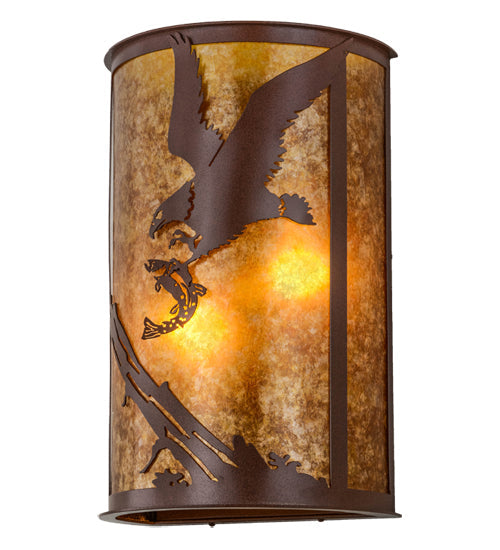 Meyda Lighting Strike of the Eagle 247275 13" 2-Light Rust Wall Sconce With Amber Mica Shade Glass