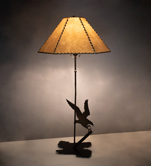 Meyda Lighting Strike of the Eagle 36" Antique Copper Table Lamp With Beige & Brown Faux Leather Shade