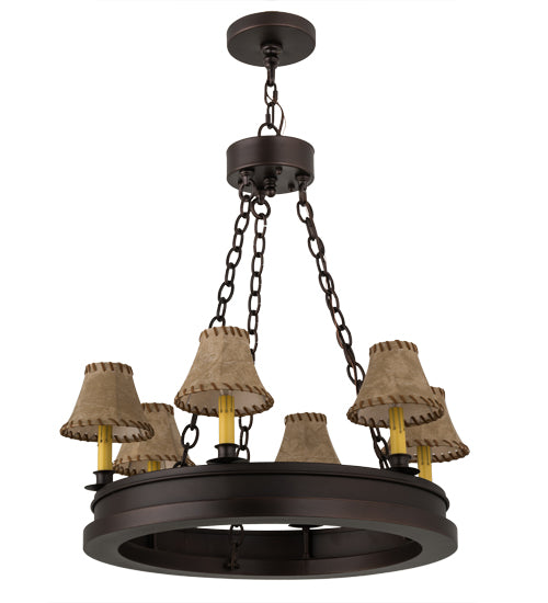 Meyda Lighting Sullivan Ranch 28" 6-Light Mahogany Bronze Chandelier With Tan Faux Leather Shade