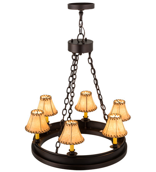 Meyda Lighting Sullivan Ranch 28" 6-Light Mahogany Bronze Chandelier With Tan Faux Leather Shade