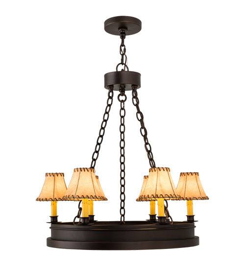 Meyda Lighting Sullivan Ranch 28" 6-Light Mahogany Bronze Chandelier With Tan Faux Leather Shade