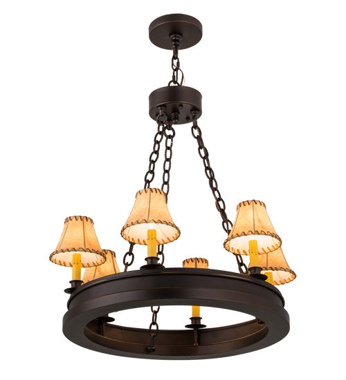 Meyda Lighting Sullivan Ranch 28" 6-Light Mahogany Bronze Chandelier With Tan Faux Leather Shade