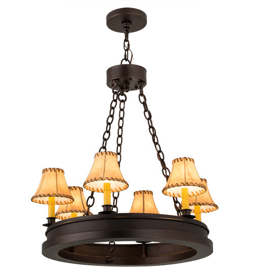 Meyda Lighting Sullivan Ranch 28" 6-Light Mahogany Bronze Chandelier With Tan Faux Leather Shade