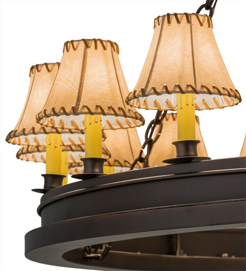 Meyda Lighting Sullivan Ranch 51" 27-Light 2-Tier Mahogany Bronze Chandelier With Tan Faux Rawhide Leather Shade