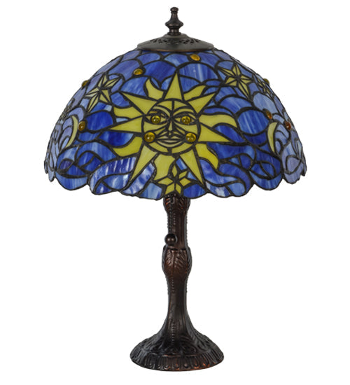 Meyda Lighting Sun, Moon & Stars 17" Mahogany Bronze Table Lamp With Blue & Yellow Shade Glass