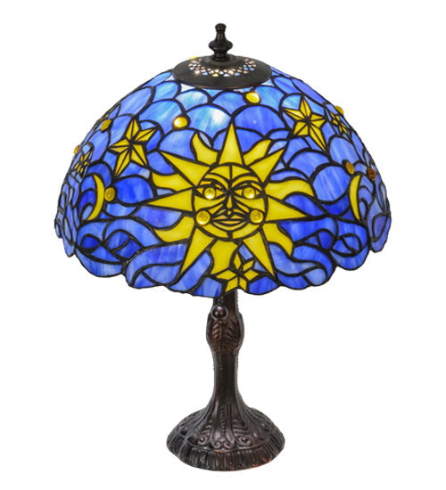 Meyda Lighting Sun, Moon & Stars 17" Mahogany Bronze Table Lamp With Blue & Yellow Shade Glass