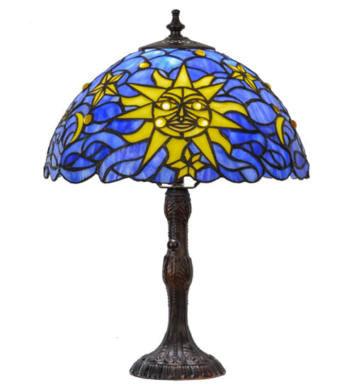 Meyda Lighting Sun, Moon & Stars 17" Mahogany Bronze Table Lamp With Blue & Yellow Shade Glass