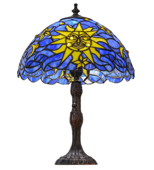 Meyda Lighting Sun, Moon & Stars 17" Mahogany Bronze Table Lamp With Blue & Yellow Shade Glass