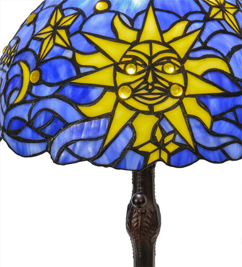 Meyda Lighting Sun, Moon & Stars 17" Mahogany Bronze Table Lamp With Blue & Yellow Shade Glass