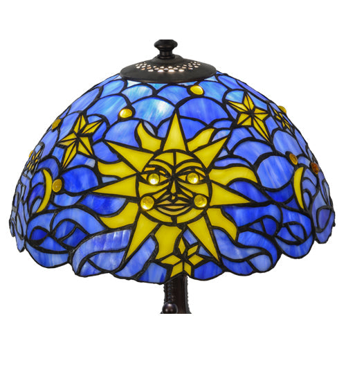 Meyda Lighting Sun, Moon & Stars 17" Mahogany Bronze Table Lamp With Blue & Yellow Shade Glass