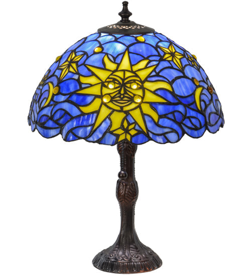 Meyda Lighting Sun, Moon & Stars 17" Mahogany Bronze Table Lamp With Blue & Yellow Shade Glass