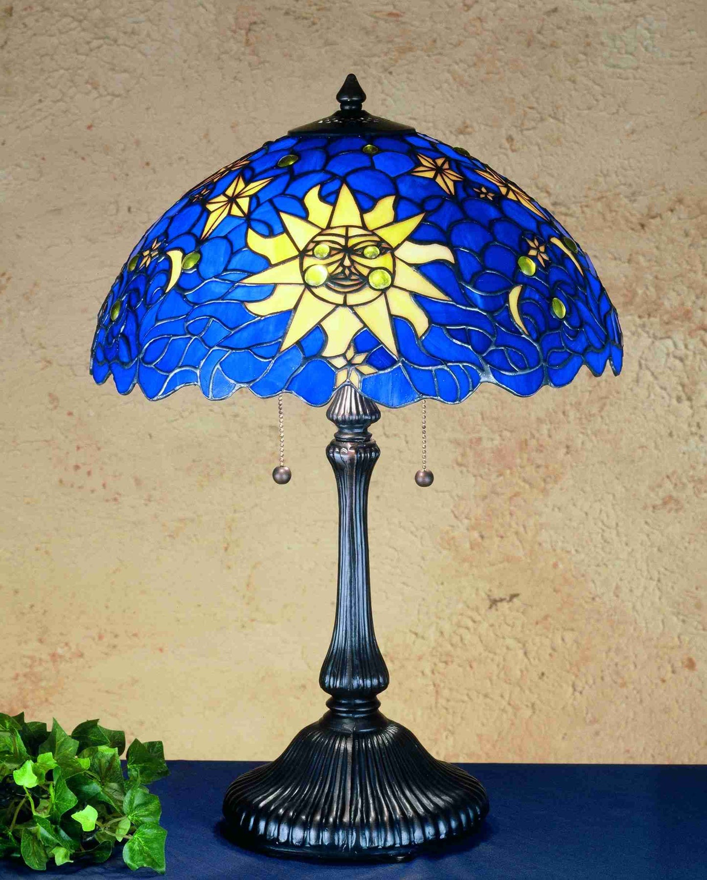 Meyda Lighting Sun Moon & Stars 23" 2-Light Table Lamp With Yellow & Blue Shade Glass
