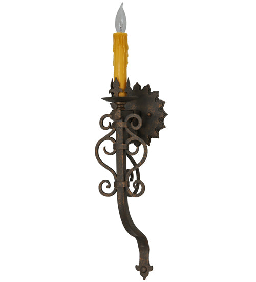 Meyda Lighting Sunburst 7" Gilded Tobacco Wall Sconce With Amber Faux Candlelight