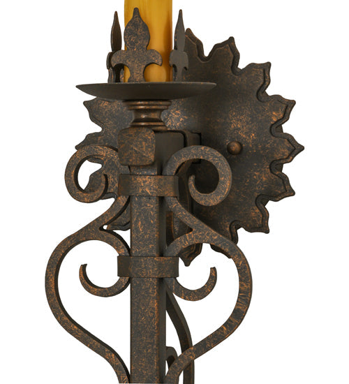Meyda Lighting Sunburst 7" Gilded Tobacco Wall Sconce With Amber Faux Candlelight