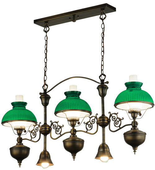 Meyda Lighting Sunbury 48" 5-Light Craftsman Dark Antique Island Pendant Light With Green Globes Shade Glass