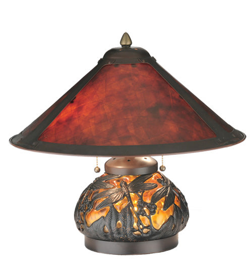 Meyda Lighting Sutter 16" 3-Light Dark Bronze Lighted Base Table Lamp With Amber Mica Shade Glass
