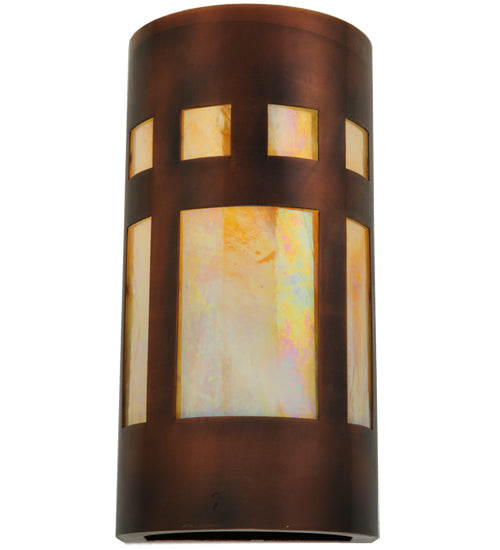 Meyda Lighting Sutter 7" Craftsman Copper Wall Sconce With Beige Irridescent Shade Glass