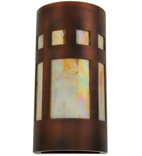 Meyda Lighting Sutter 7" Craftsman Copper Wall Sconce With Beige Irridescent Shade Glass
