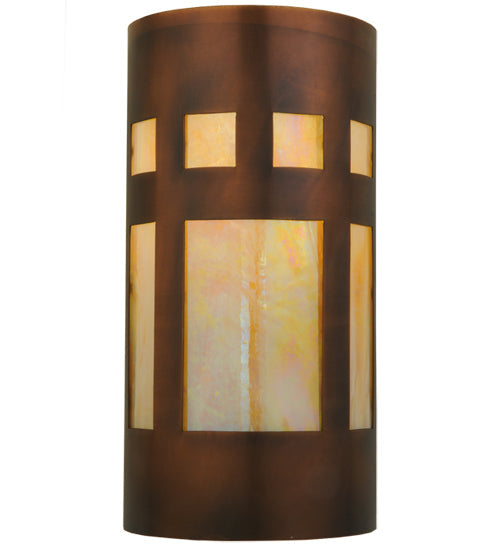 Meyda Lighting Sutter 7" Craftsman Copper Wall Sconce With Beige Irridescent Shade Glass