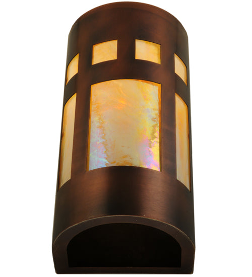 Meyda Lighting Sutter 7" Craftsman Copper Wall Sconce With Beige Irridescent Shade Glass