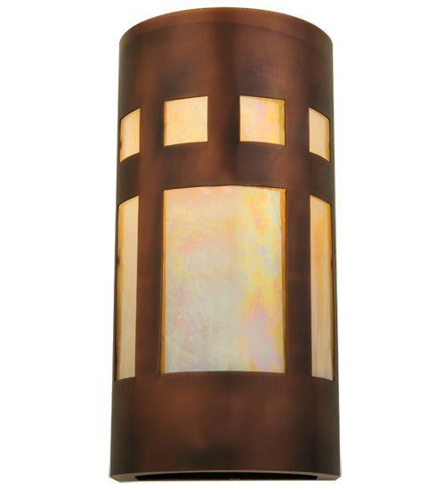 Meyda Lighting Sutter 7" Craftsman Copper Wall Sconce With Beige Irridescent Shade Glass