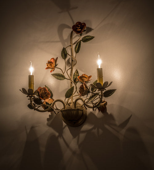 Meyda Lighting Symphony 17" 2-Light Gold Rose Basket Wall Sconce With Ivory Faux Candlelight