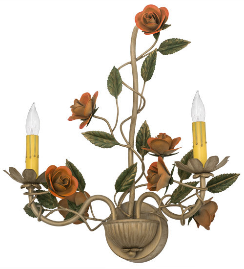 Meyda Lighting Symphony 17" 2-Light Gold Rose Basket Wall Sconce With Ivory Faux Candlelight