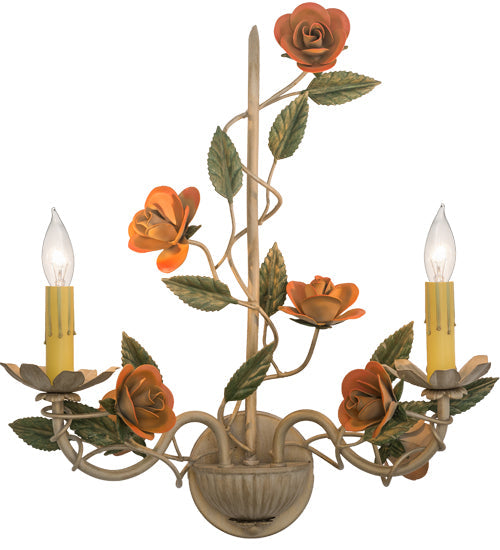Meyda Lighting Symphony 17" 2-Light Gold Rose Basket Wall Sconce With Ivory Faux Candlelight