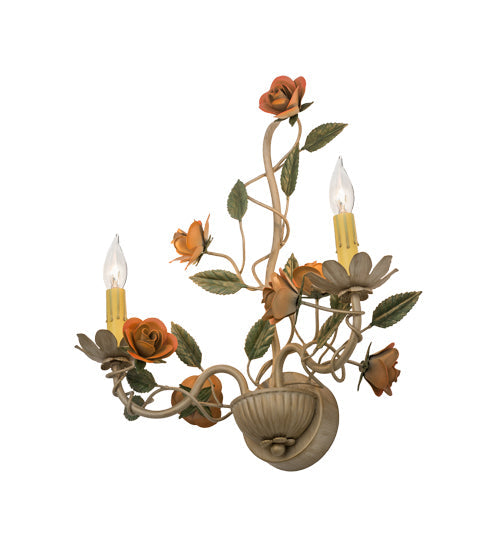 Meyda Lighting Symphony 17" 2-Light Gold Rose Basket Wall Sconce With Ivory Faux Candlelight