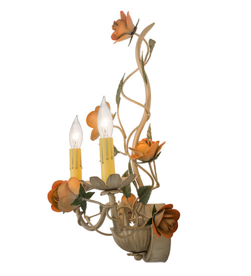 Meyda Lighting Symphony 17" 2-Light Gold Rose Basket Wall Sconce With Ivory Faux Candlelight
