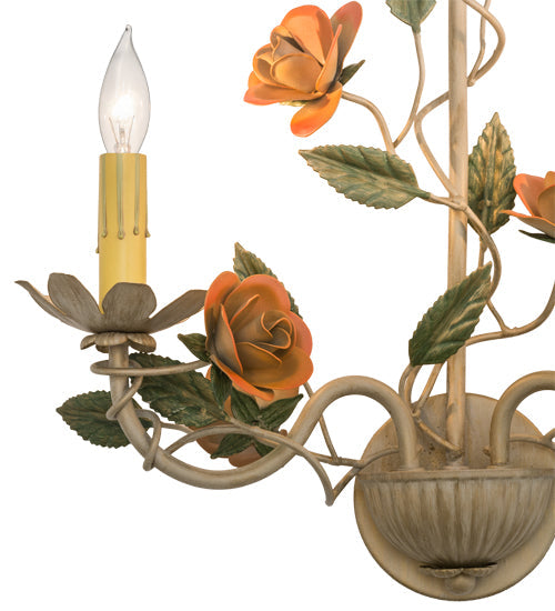 Meyda Lighting Symphony 17" 2-Light Gold Rose Basket Wall Sconce With Ivory Faux Candlelight