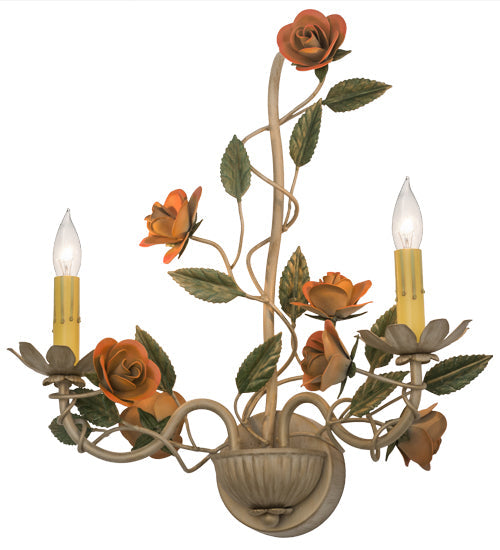 Meyda Lighting Symphony 17" 2-Light Gold Rose Basket Wall Sconce With Ivory Faux Candlelight