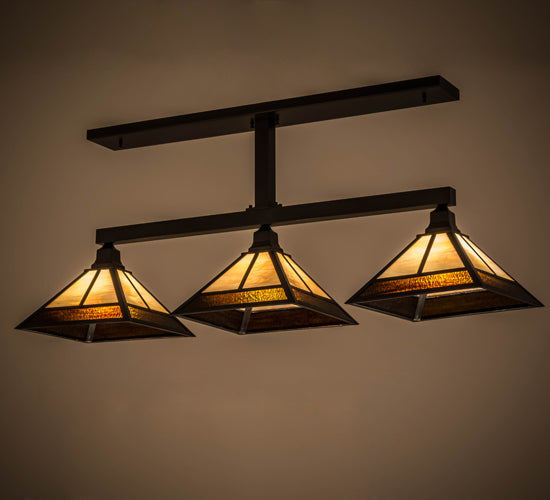 Meyda Lighting T Mission 13" 3-Light Craftsman Brown Island Pendant With Rootbeer & Beige Iridescent Shade Glass