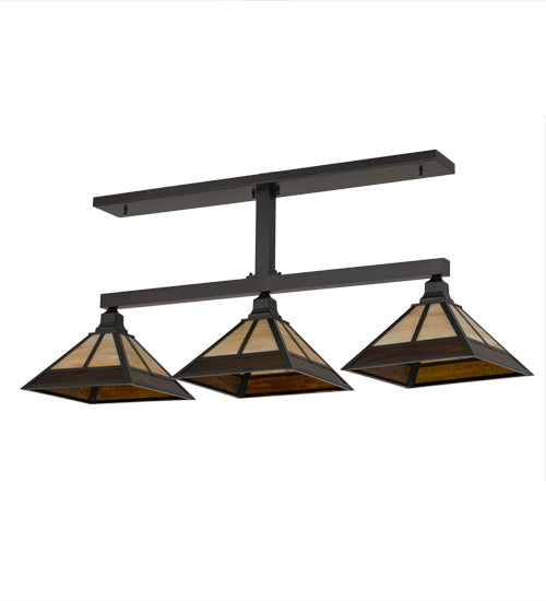 Meyda Lighting T Mission 13" 3-Light Craftsman Brown Island Pendant With Rootbeer & Beige Iridescent Shade Glass