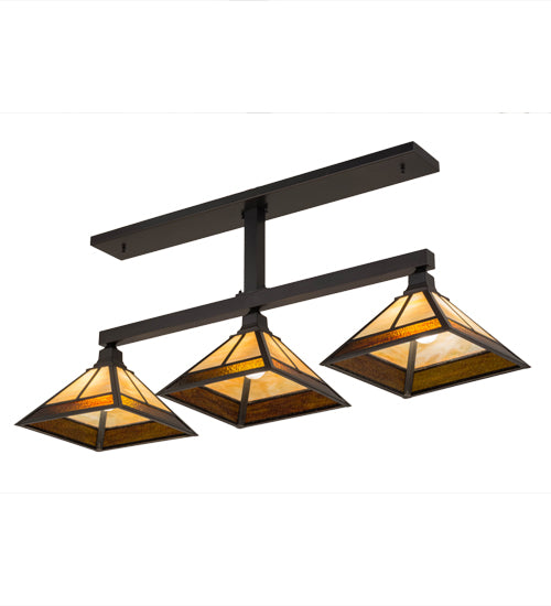 Meyda Lighting T Mission 13" 3-Light Craftsman Brown Island Pendant With Rootbeer & Beige Iridescent Shade Glass