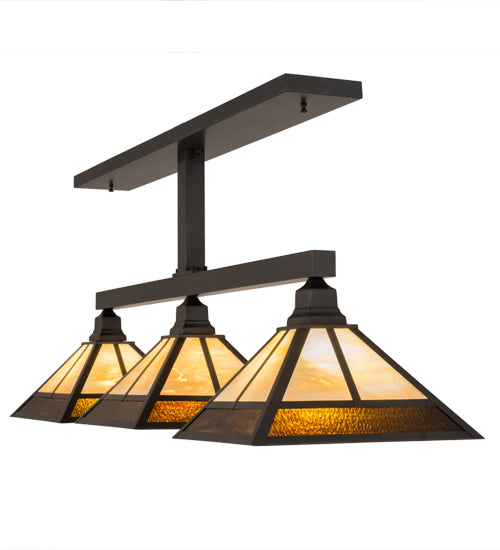 Meyda Lighting T Mission 13" 3-Light Craftsman Brown Island Pendant With Rootbeer & Beige Iridescent Shade Glass