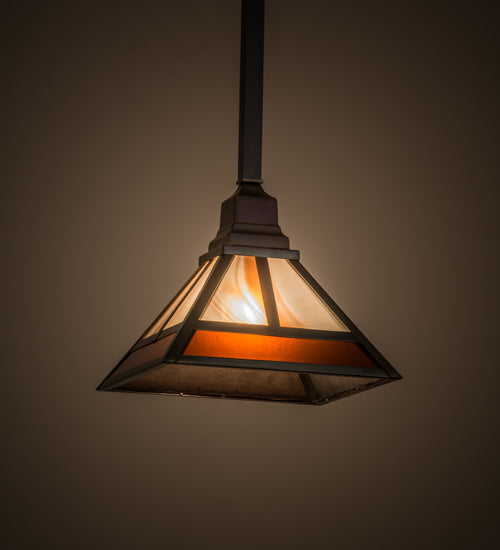 Meyda Lighting "T Mission" 13" Chemical Antique Brass Pendant Light With Amber & Beige Shade Glass