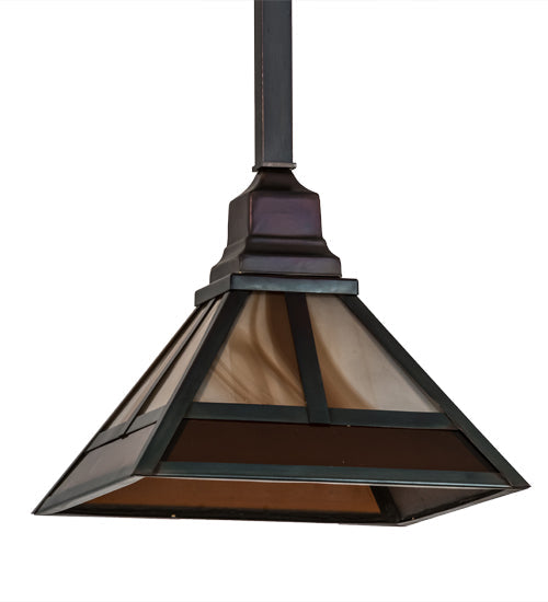 Meyda Lighting "T Mission" 13" Chemical Antique Brass Pendant Light With Amber & Beige Shade Glass