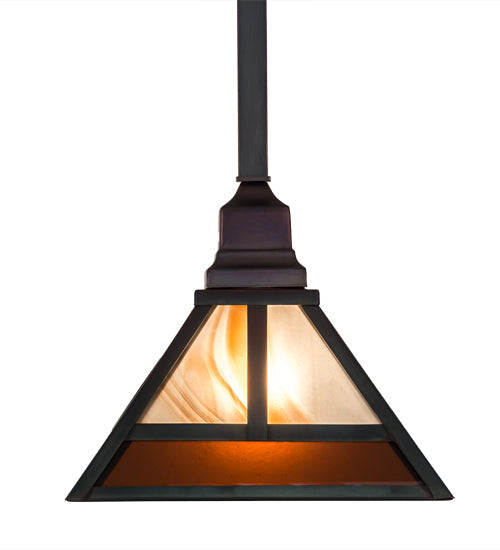 Meyda Lighting "T Mission" 13" Chemical Antique Brass Pendant Light With Amber & Beige Shade Glass