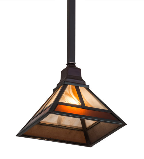 Meyda Lighting "T Mission" 13" Chemical Antique Brass Pendant Light With Amber & Beige Shade Glass
