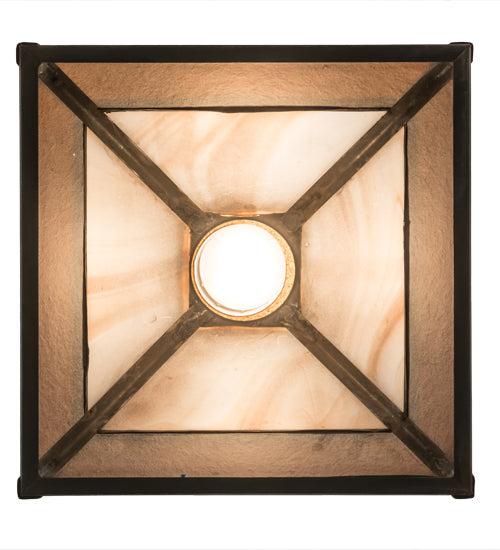 Meyda Lighting "T Mission" 13" Chemical Antique Brass Pendant Light With Amber & Beige Shade Glass