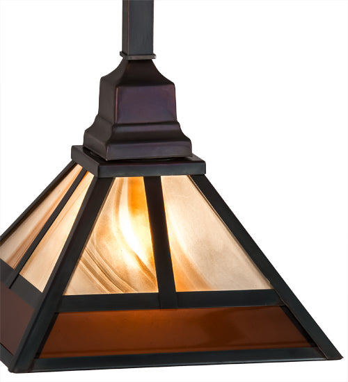 Meyda Lighting "T Mission" 13" Chemical Antique Brass Pendant Light With Amber & Beige Shade Glass