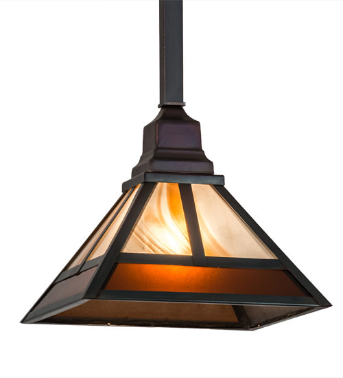 Meyda Lighting "T Mission" 13" Chemical Antique Brass Pendant Light With Amber & Beige Shade Glass