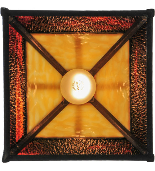 Meyda Lighting "T" Mission 13" Craftsman Brown Pendant Light With Beige and Red Shade Glass