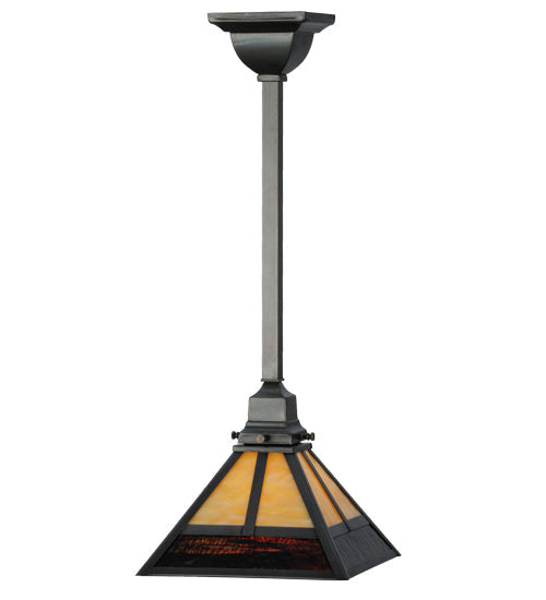 Meyda Lighting "T" Mission 13" Craftsman Brown Pendant Light With Beige and Red Shade Glass